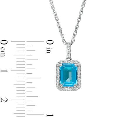 Emerald-Cut Simulated Blue Topaz and Lab-Created White Sapphire Octagonal Frame Drop Pendant in Sterling Silver|Peoples Jewellers