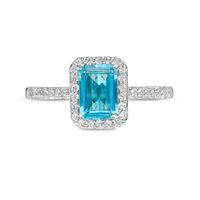 Emerald-Cut Simulated Blue Topaz and Lab-Created White Sapphire Octagonal Frame Ring in Sterling Silver|Peoples Jewellers