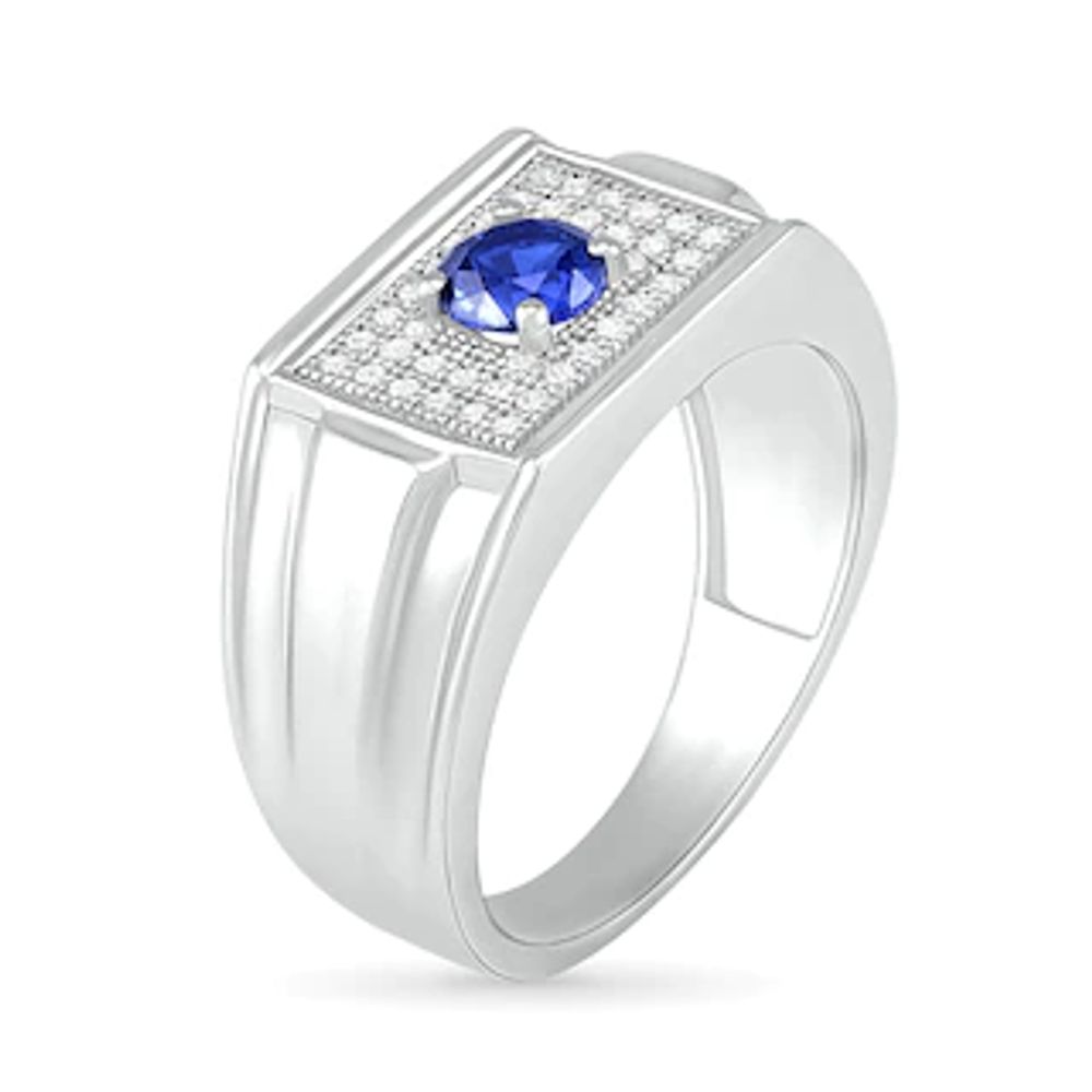 Men’s Blue Lab-Created Sapphire and 0.29 CT. T.W. Diamond Rectangle-Top Stepped Edge Triple Row Ring in Sterling Silver|Peoples Jewellers