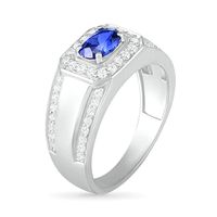 Men's Oval Blue Lab-Created Sapphire and 0.45 CT. T.W. Diamond Octagonal Frame Triple Row Ring in Sterling Silver|Peoples Jewellers