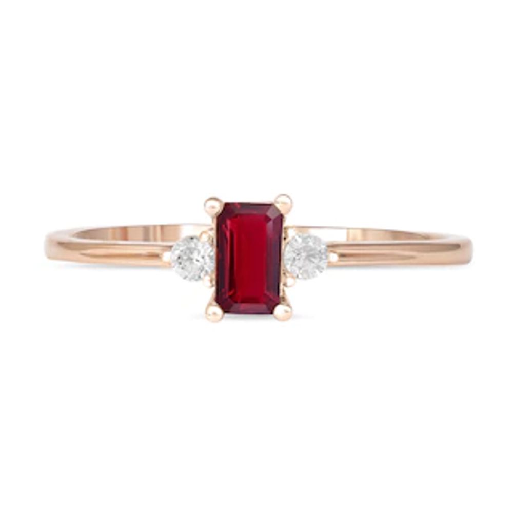 Emerald-Cut Ruby and 0.08 CT. T.W. Diamond Three Stone Grooved Ring in 10K Rose Gold|Peoples Jewellers