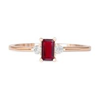 Emerald-Cut Ruby and 0.08 CT. T.W. Diamond Three Stone Grooved Ring in 10K Rose Gold|Peoples Jewellers