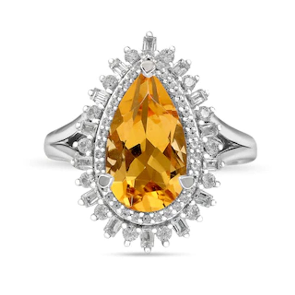 Pear-Shaped Citrine and White Lab-Created Sapphire Double Shadow Frame Split Shank Ring in Sterling Silver|Peoples Jewellers