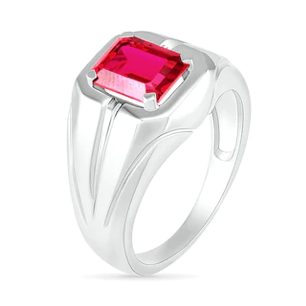 Men's Emerald-Cut Lab-Created Ruby Rectangular Frame Split Shank Ring in Sterling Silver|Peoples Jewellers