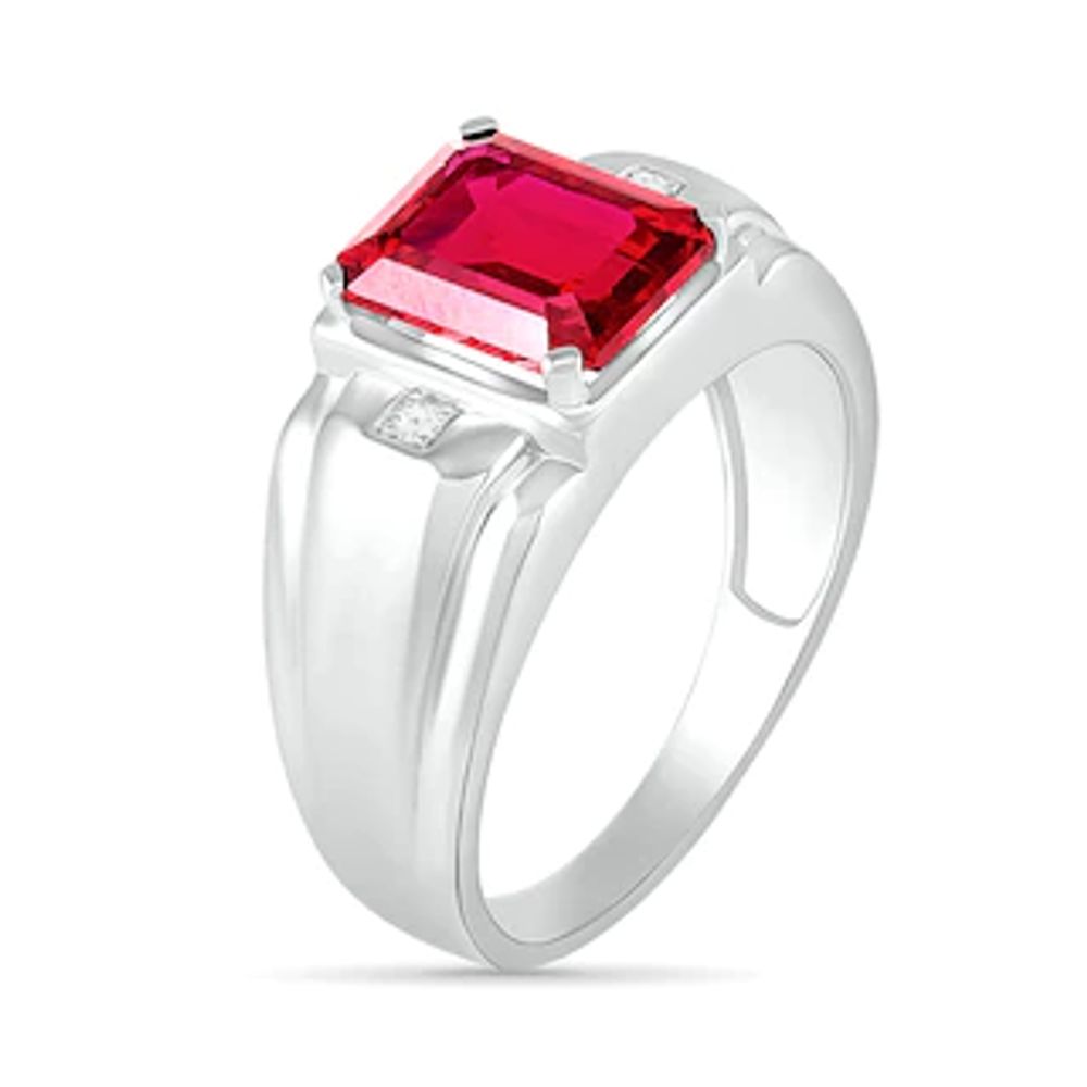 Men's Emerald-Cut Lab-Created Ruby and Diamond Accent Collar Stepped Edge Ring in Sterling Silver|Peoples Jewellers