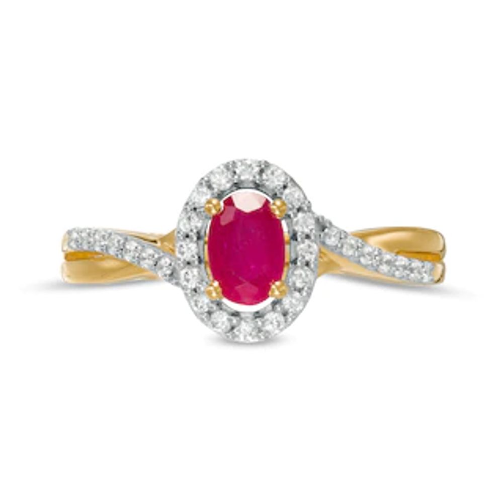 Oval Ruby and 0.20 CT. T.W. Diamond Frame Twisted Bypass Split Shank Ring in 10K Gold|Peoples Jewellers