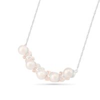 Freshwater Cultured Pearl and White Lab-Created Sapphire Flower Curved Bar Necklace in Sterling Silver and 10K Rose Gold|Peoples Jewellers