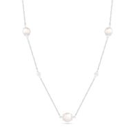 5.0-6.0mm Freshwater Cultured Pearl and White Lab-Created Sapphire Alternating Station Necklace in Sterling Silver|Peoples Jewellers