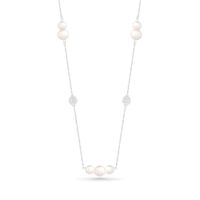 Freshwater Cultured Pearl and White Lab-Created Sapphire Cluster Alternating Station Necklace in Sterling Silver|Peoples Jewellers