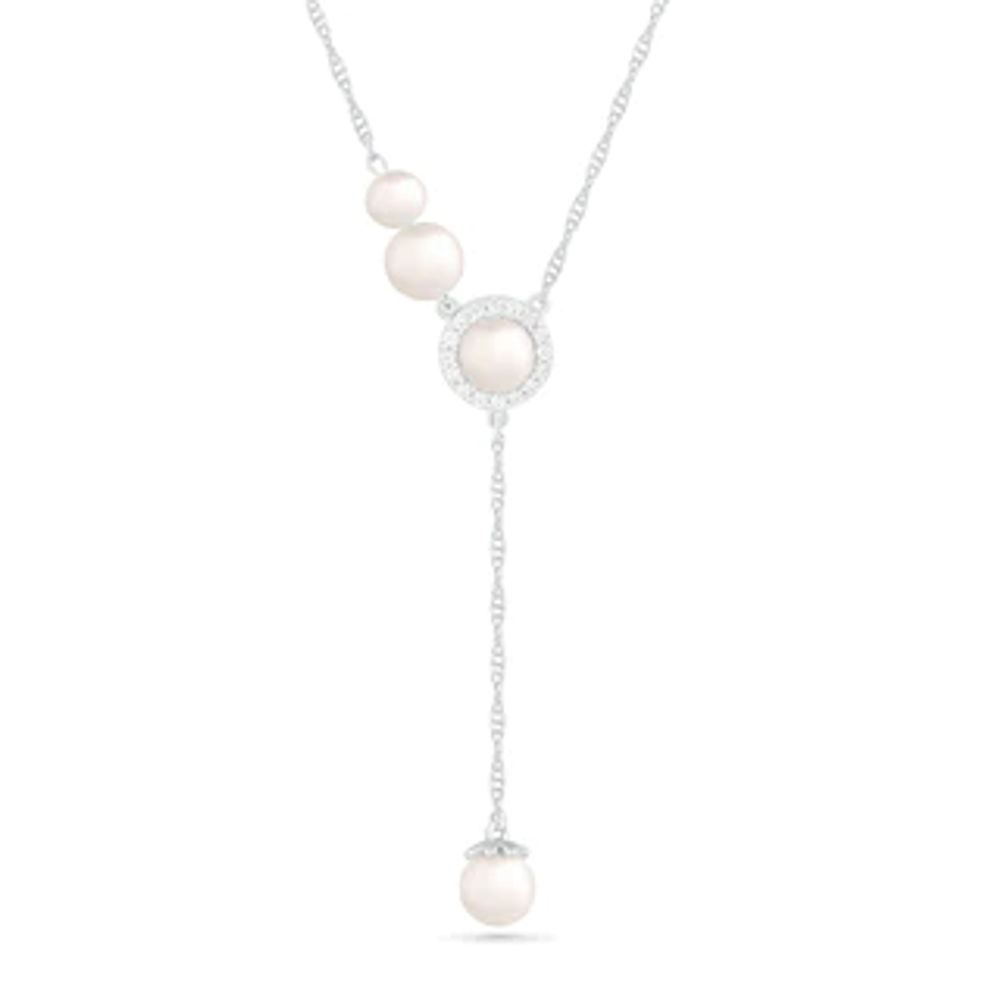 4.0-5.0mm Freshwater Cultured Pearl and White Lab-Created Sapphire Frame Abstract "Y" Necklace in Sterling Silver|Peoples Jewellers