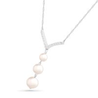 4.0-6.0mm Freshwater Cultured Pearl and White Lab-Created Sapphire Chevron "Y" Necklace in Sterling Silver|Peoples Jewellers