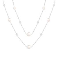 Freshwater Cultured Pearl and White Lab-Created Sapphire Cluster Station Double Strand Necklace in Sterling Silver|Peoples Jewellers