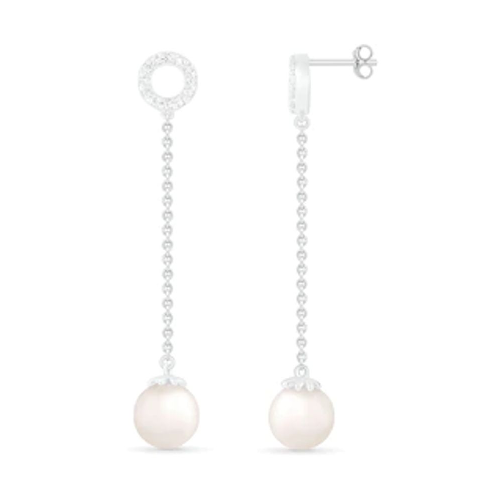 7.0mm Freshwater Cultured Pearl and White Lab-Created Sapphire Open Circle Linear Drop Earrings in Sterling Silver|Peoples Jewellers
