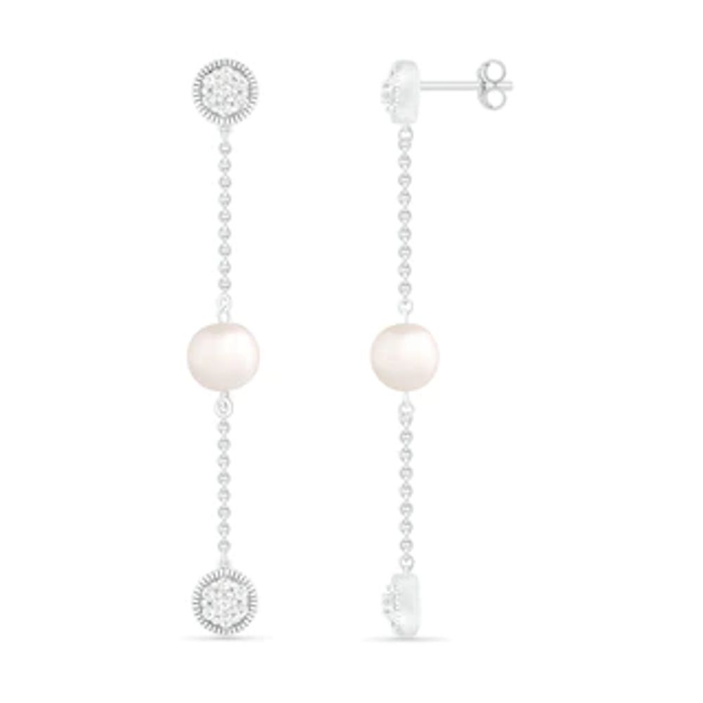 6.0mm Freshwater Cultured Pearl and White Lab-Created Sapphire Cluster Linear Triple Drop Earrings in Sterling Silver|Peoples Jewellers