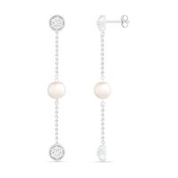 6.0mm Freshwater Cultured Pearl and White Lab-Created Sapphire Cluster Linear Triple Drop Earrings in Sterling Silver|Peoples Jewellers