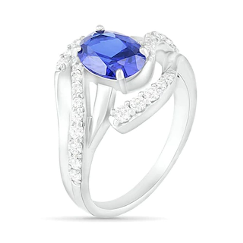 Oval Lab-Created Blue and White Sapphire Wave Bypass Split Shank Ring in Sterling Silver|Peoples Jewellers