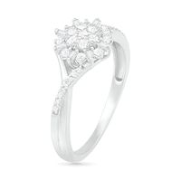 0.23 CT. T.W. Composite Baguette and Round Diamond Split Shank Flower Promise Ring in Sterling Silver|Peoples Jewellers