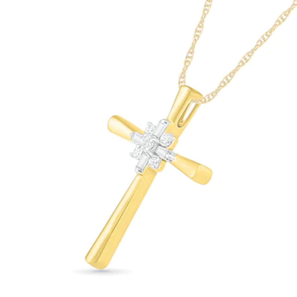 0.085 CT. T.W. Baguette and Round Diamond Cross Sunburst Pendant in 10K Gold|Peoples Jewellers