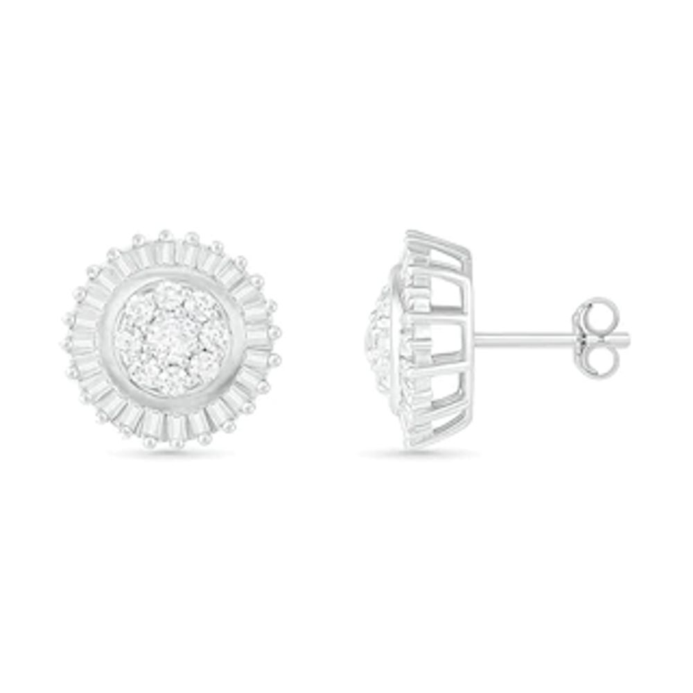 0.58 CT. T.W. Composite Baguette and Round Diamond Sunburst Stud Earrings in 10K White Gold|Peoples Jewellers