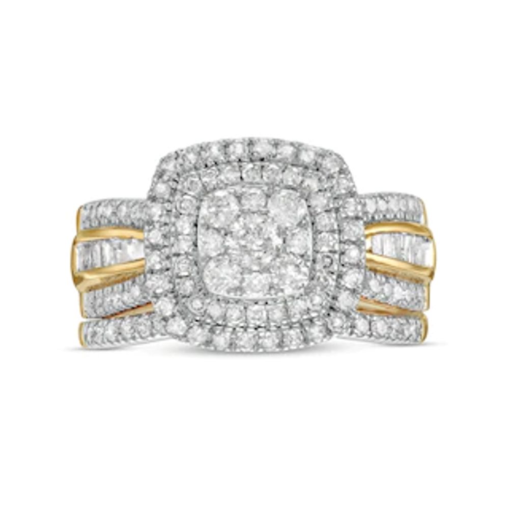 1.23 CT. T.W. Baguette and Round Multi-Diamond Double Cushion-Shape Frame Bridal Set in 10K Gold|Peoples Jewellers