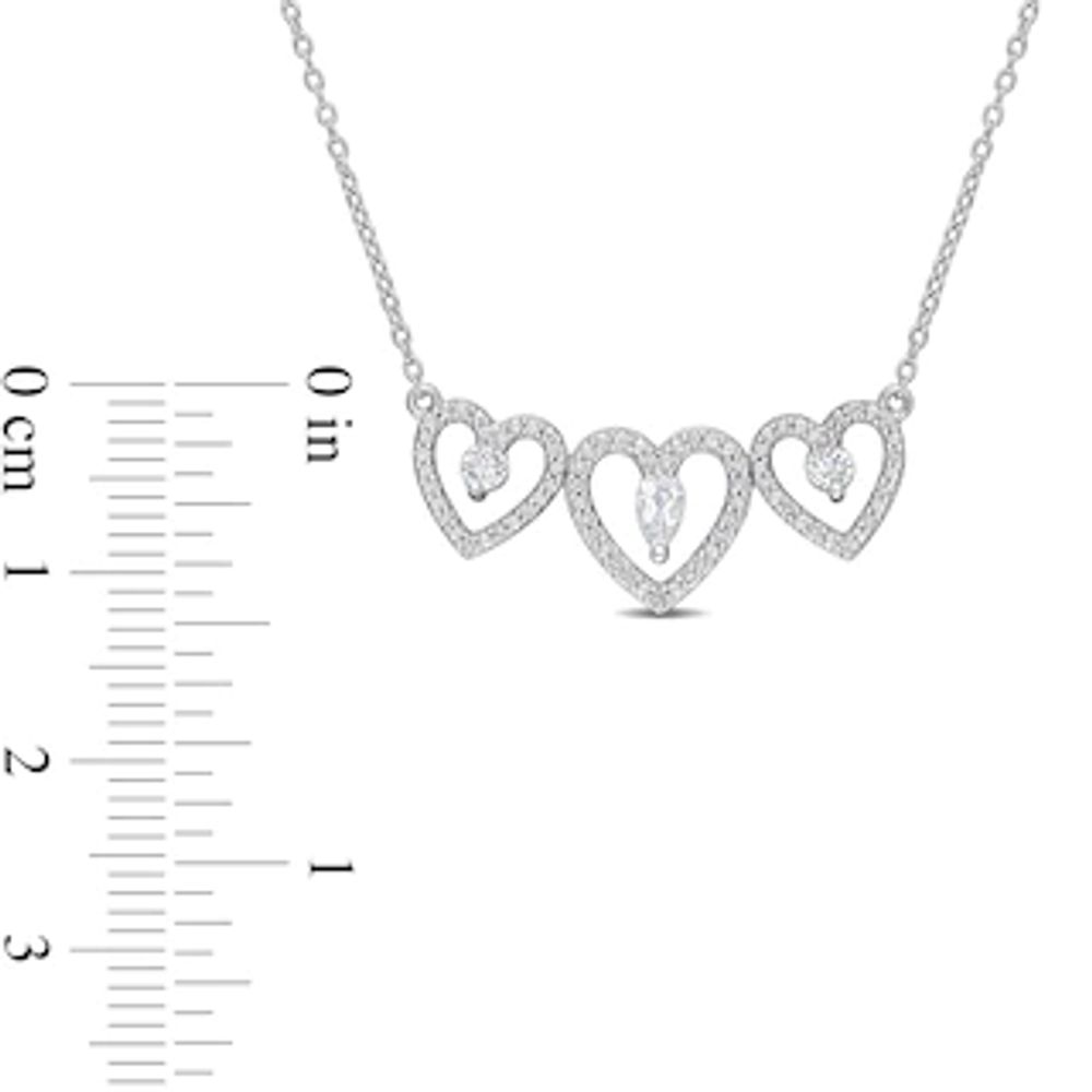 Pear-Shaped and Round White Topaz with 0.19 CT. T.W. Diamond Heart Outline Trio Necklace in Sterling Silver - 17"|Peoples Jewellers