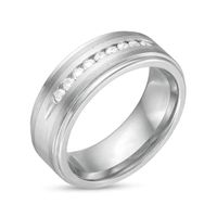 Men's 0.24 CT. T.W. Diamond Multi-Finish Stepped Edge Comfort-Fit Wedding Band in Stainless Steel and Tungsten - Size 10|Peoples Jewellers