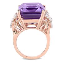 Emerald-Cut Amethyst and 1.75 CT. T.W. Multi-Shape Diamond Floral Side Accent Cocktail Ring in 14K Rose Gold|Peoples Jewellers
