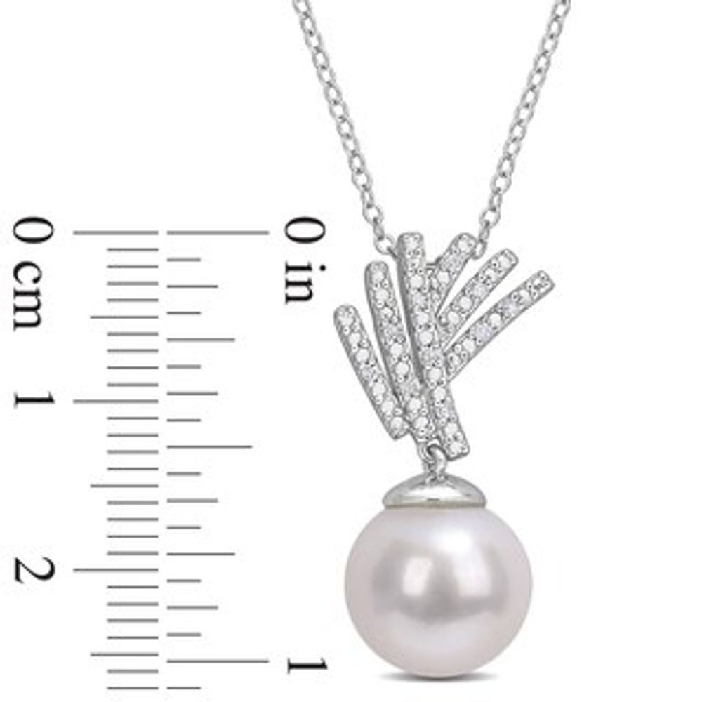 11.0-12.0mm Freshwater Cultured Pearl and 0.05 CT. T.W. Diamond Criss-Cross Fan Drop Pendant in Sterling Silver|Peoples Jewellers