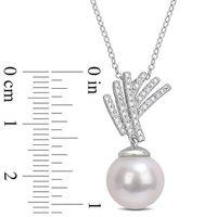 11.0-12.0mm Freshwater Cultured Pearl and 0.05 CT. T.W. Diamond Criss-Cross Fan Drop Pendant in Sterling Silver|Peoples Jewellers
