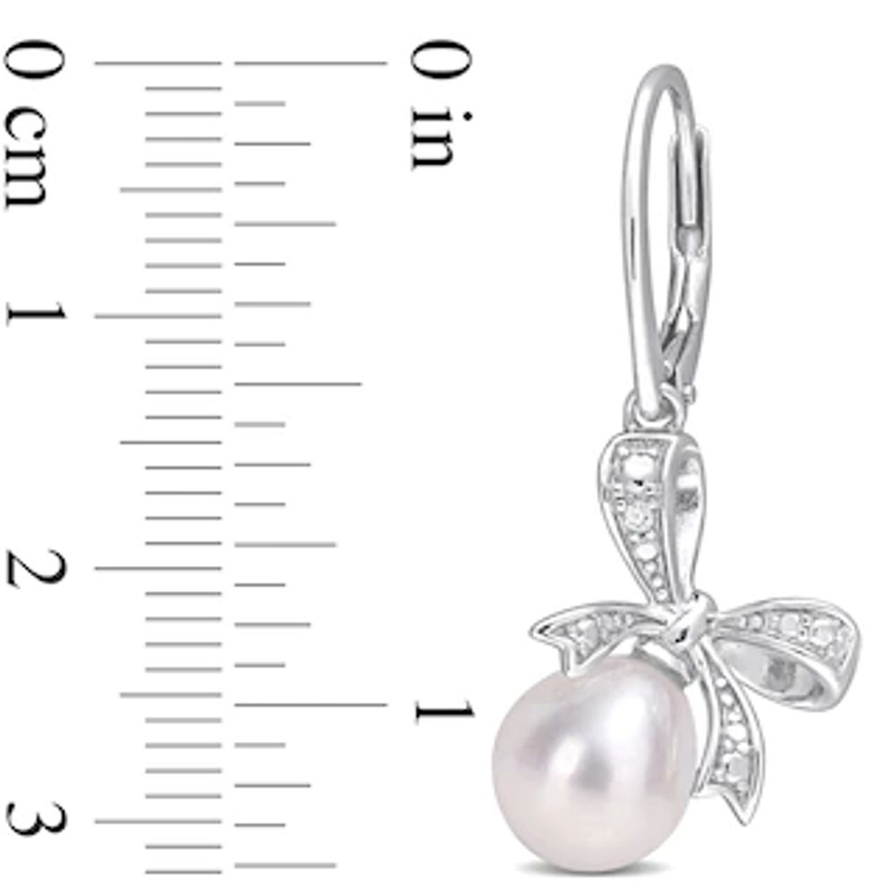 7.5-8.0mm Oval Freshwater Cultured Pearl and Diamond Accent Bow Drop Earrings in Sterling Silver|Peoples Jewellers