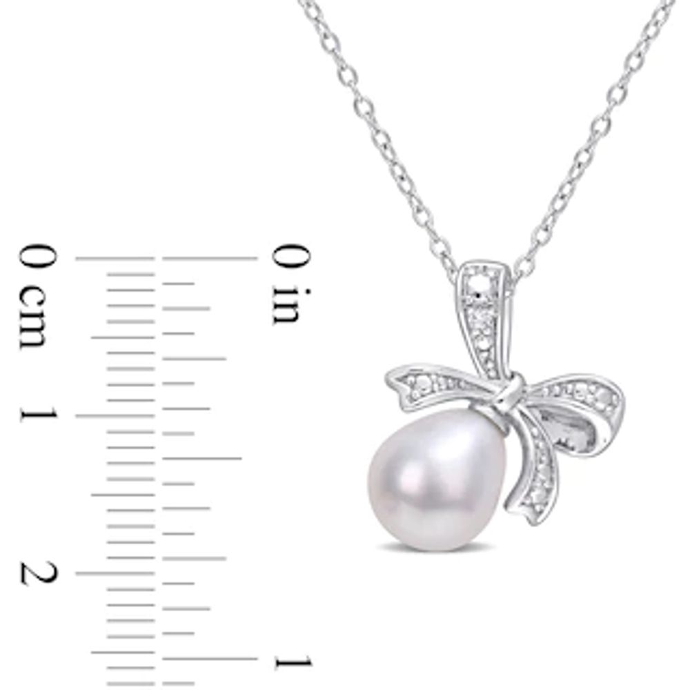 8.5-9.0mm Oval Freshwater Cultured Pearl and Diamond Accent Bow Pendant in Sterling Silver|Peoples Jewellers