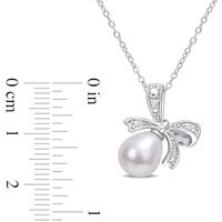 8.5-9.0mm Oval Freshwater Cultured Pearl and Diamond Accent Bow Pendant in Sterling Silver|Peoples Jewellers
