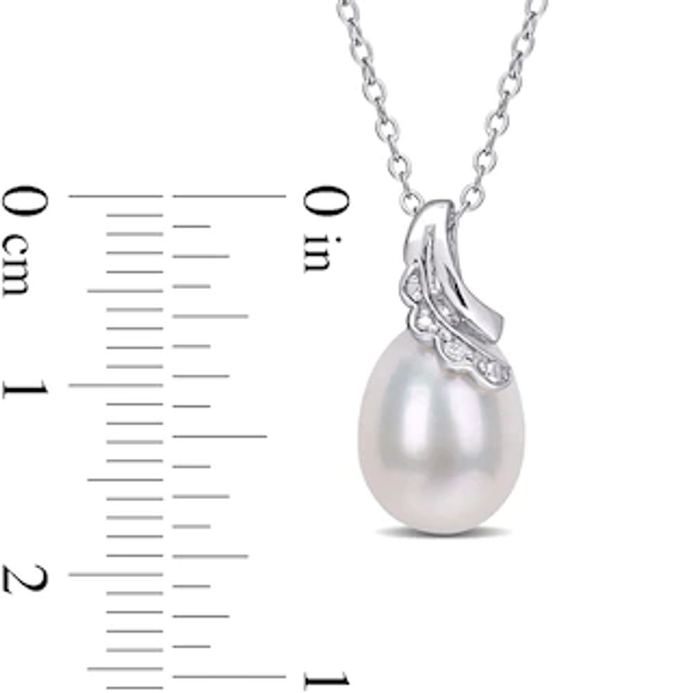 8.5-9.0mm Oval Freshwater Cultured Pearl and Diamond Accent Scallop Ribbon Overlay Swirl Pendant in Sterling Silver|Peoples Jewellers