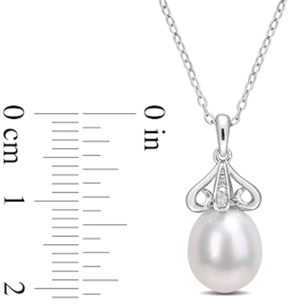 8.5-9.0mm Oval Freshwater Cultured Pearl and Diamond Accent Scroll Petal Flower Drop Pendant in Sterling Silver|Peoples Jewellers