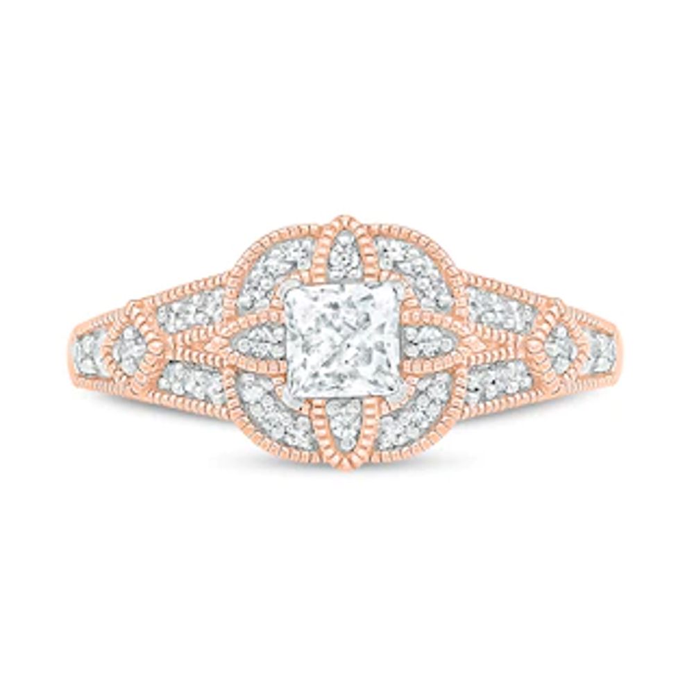 0.45 CT. T.W. Princess-Cut Diamond Cushion Frame Vintage-Style Engagement Ring in 10K Rose Gold|Peoples Jewellers