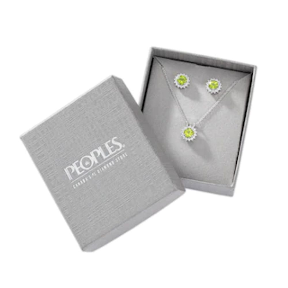 6.0mm Peridot and White Lab-Created Sapphire Frame Sunburst Pendant and Stud Earrings Set in Sterling Silver|Peoples Jewellers