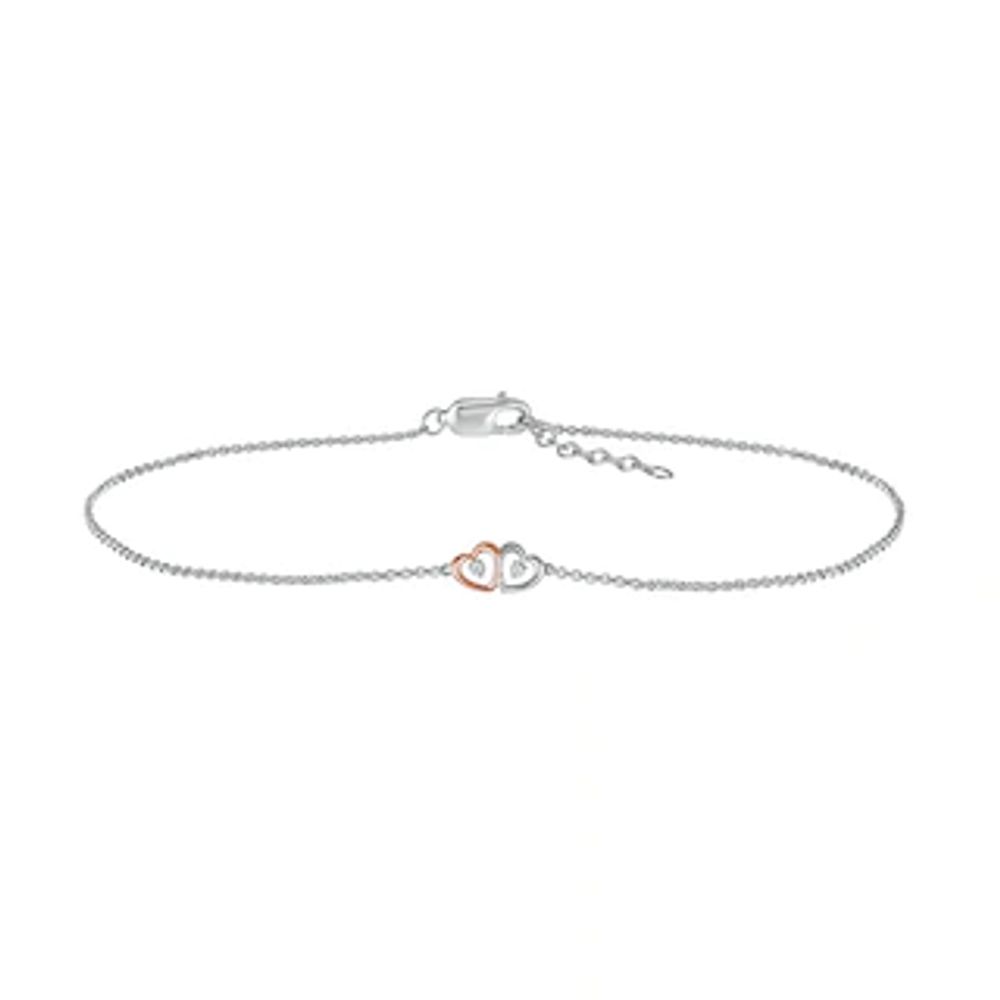 Diamond Accent Double Heart Anklet in Sterling Silver and 10K Rose Gold – 10"|Peoples Jewellers