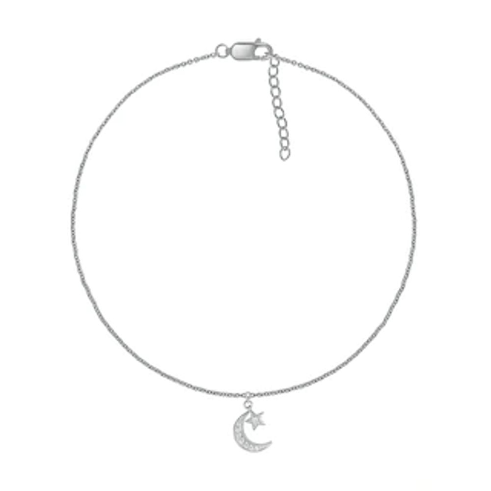 0.04 CT. T.W. Diamond Crescent Moon and Star Anklet in Sterling Silver – 10"|Peoples Jewellers