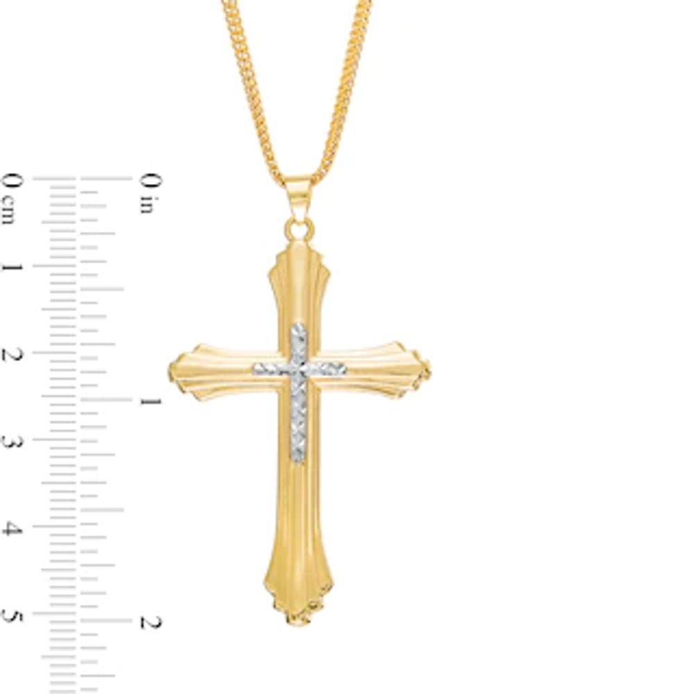 Men's Diamond-Cut Layered Stepped Edge Art Deco Double Cross Pendant in 10K Two-Tone Gold - 22"|Peoples Jewellers