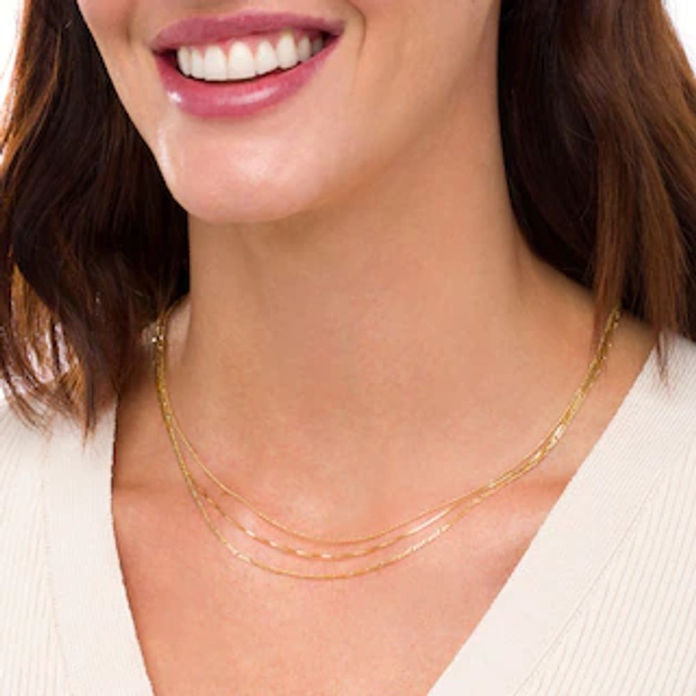 Adjustable Bead, Box and Figaro Chain Triple Strand Necklace in 10K Gold|Peoples Jewellers