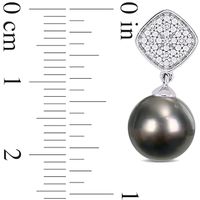 Black Tahitian Cultured Pearl and 0.09 CT. T.W. Cushion-Shaped Multi-Diamond Beaded Drop Earrings in 10K White Gold|Peoples Jewellers