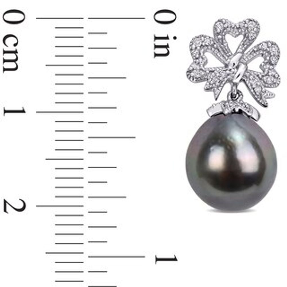 Baroque Black Tahitian Cultured Pearl and 0.15 CT. T.W. Diamond Clover Bow Vintage-Style Drop Earrings in 10K White Gold|Peoples Jewellers