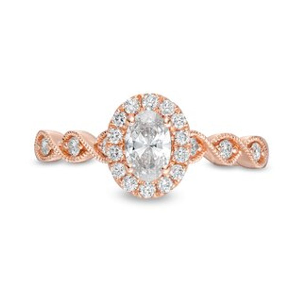 Emmy London 0.60 CT. T.W. Certified Oval Diamond Frame Vintage-Style Engagement Ring in 18K Rose Gold (F/VS2)|Peoples Jewellers