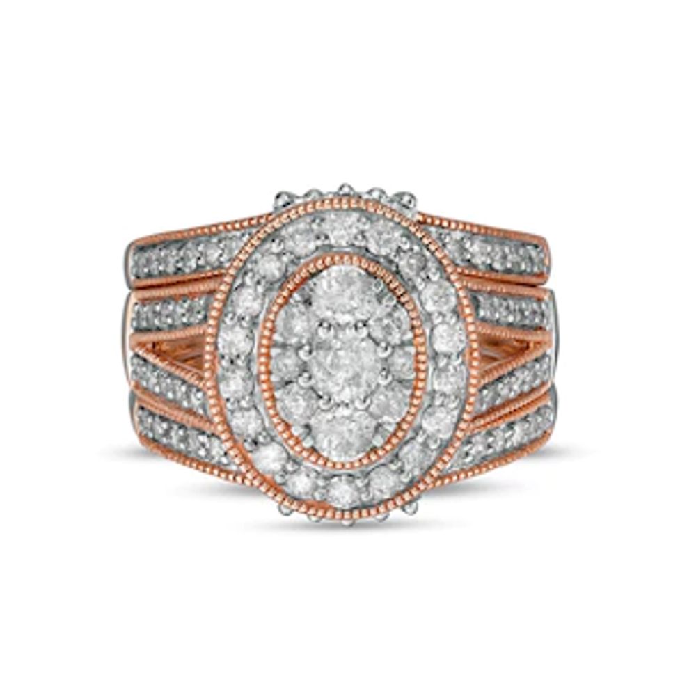 1.45 CT. T.W. Composite Diamond Cushion Frame Multi-Row Three Piece Bridal  Set in 10K Rose Gold