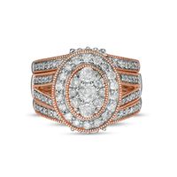 1.45 CT. T.W. Composite Oval Diamond Frame Vintage-Style Split Shank Three Piece Bridal Set in 10K Rose Gold|Peoples Jewellers