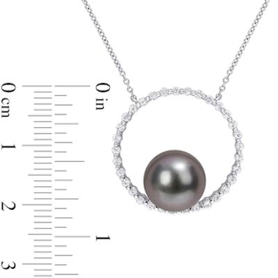 9.5-10.0mm Black Cultured Tahitian Pearl and White Sapphire Circle Necklace in 10K White Gold|Peoples Jewellers