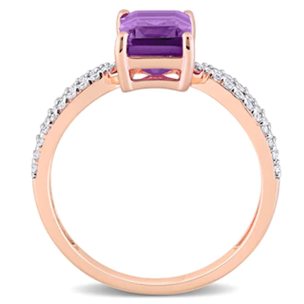 Emerald-Cut Amethyst and 0.19 CT. T.W. Diamond Tapered Split Shank Ring in 14K Rose Gold|Peoples Jewellers