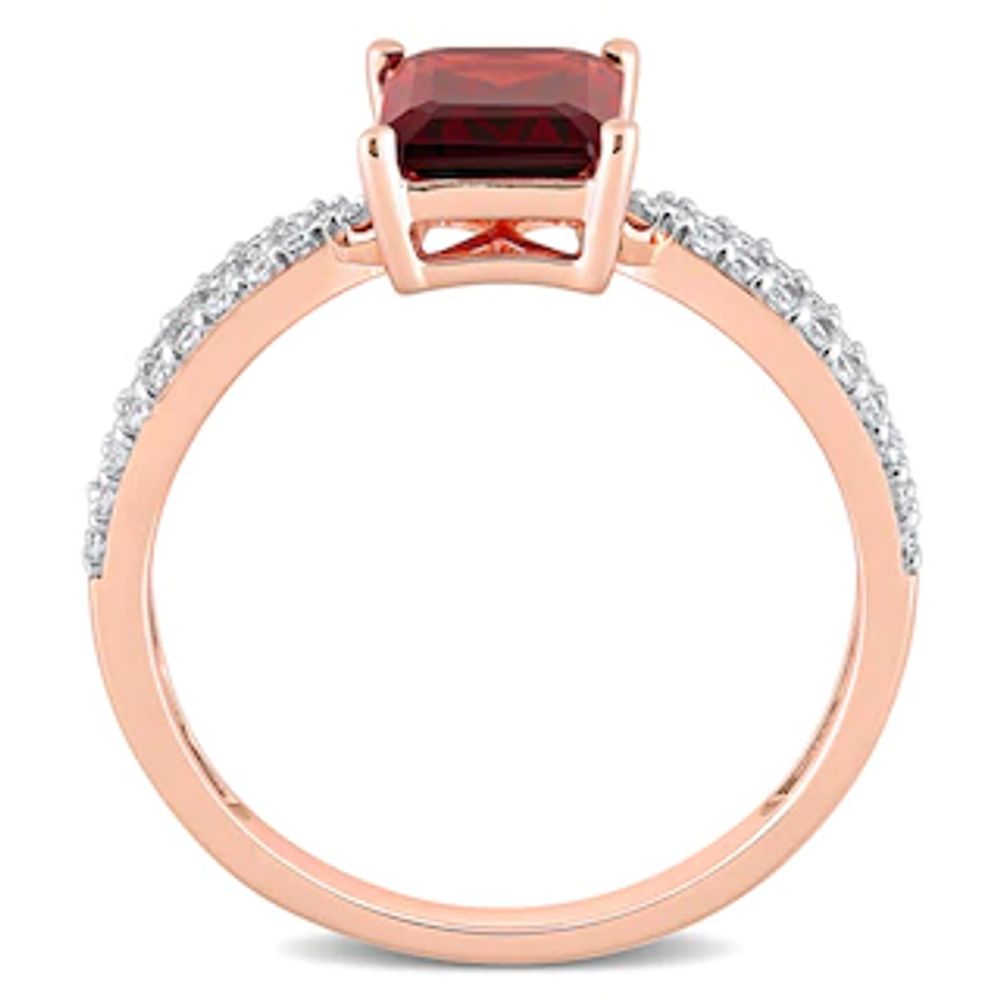 Emerald-Cut Garnet and 0.19 CT. T.W. Diamond Tapered Split Shank Ring in 14K Rose Gold|Peoples Jewellers