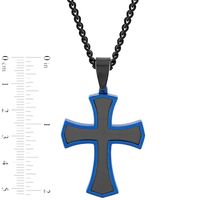 Men's Multi-Finish Inlay Point-Ends Gothic-Style Cross Pendant in Stainless Steel with Black and Blue IP - 24"|Peoples Jewellers