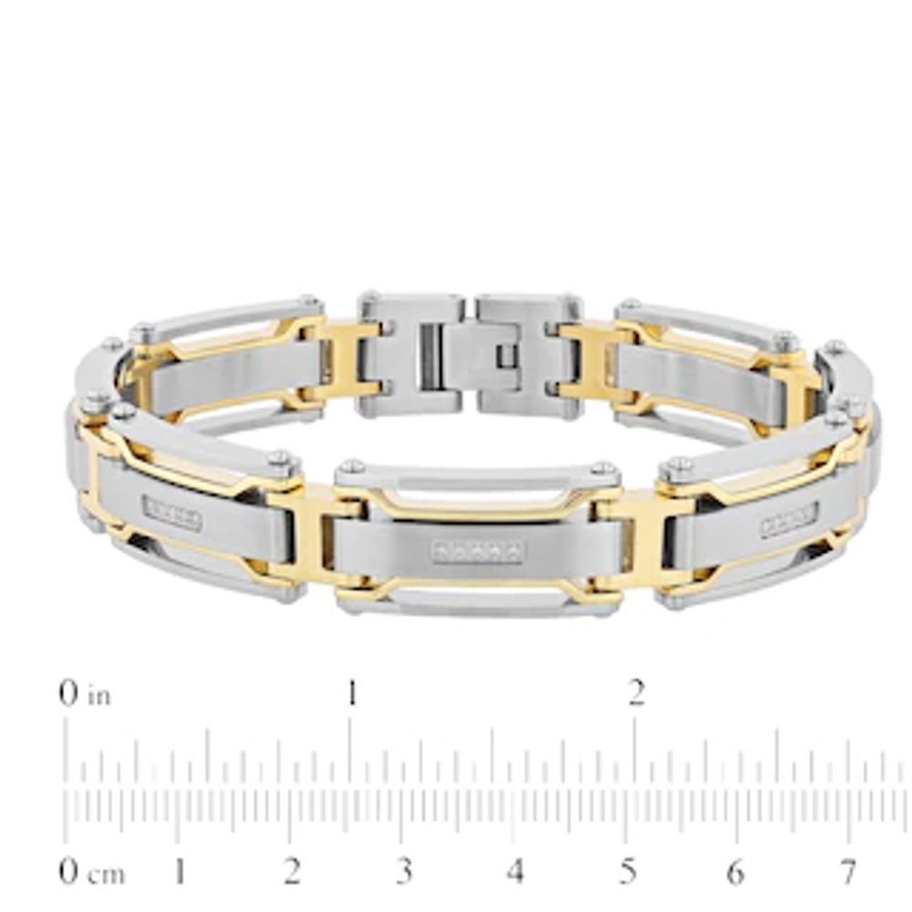 Men's 0.15 CT. T.W. Diamond Multi-Finish Triple Row Industrial Link Bracelet in Stainless Steel and Yellow IP - 8.5"|Peoples Jewellers